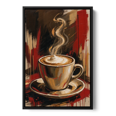 Coffee Station Decor with a Crimson Cappuccino - Black Framed Canvas Wall Art - Front