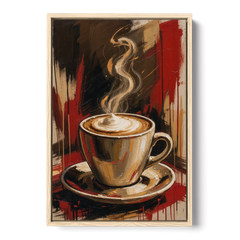 Coffee Station Decor with a Crimson Cappuccino - Oak Framed Canvas Wall Art - Front
