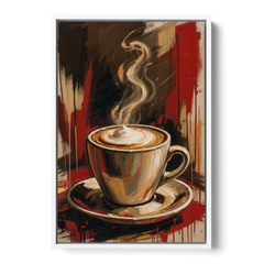 Coffee Station Decor with a Crimson Cappuccino - White Framed Canvas Wall Art - Front