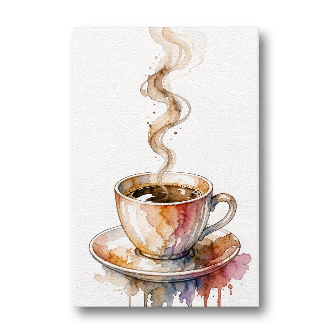 Coffee Watercolor Painting With Rising Steam - Canvas Wall Art - Front