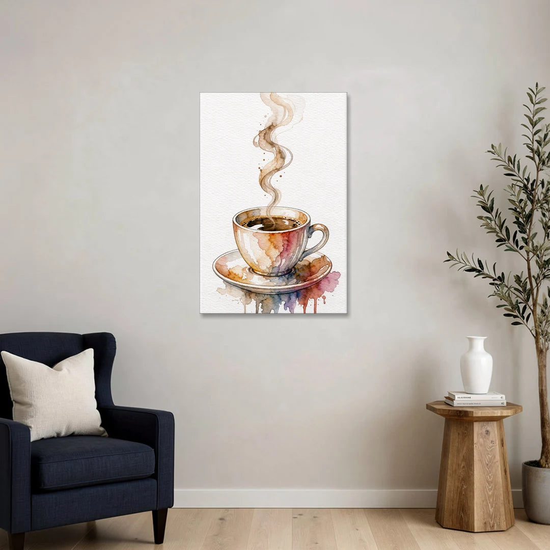 Coffee Watercolor Painting With Rising Steam - Canvas Wall Art - Sofa - 24x36