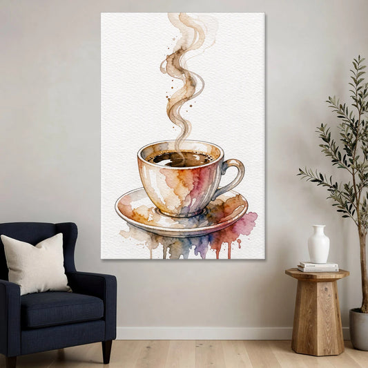 Coffee Watercolor Painting With Rising Steam - Canvas Wall Art - Sofa - 40x60