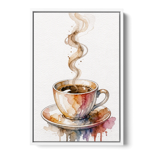 Coffee Watercolor Painting With Rising Steam - White Framed Canvas Wall Art - Front