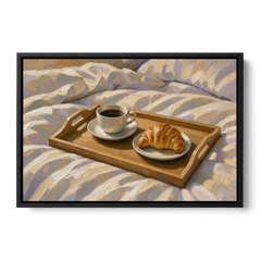 Coffee and Croissant Painting on a Breakfast Tray - Black Framed Canvas Wall Art - Front