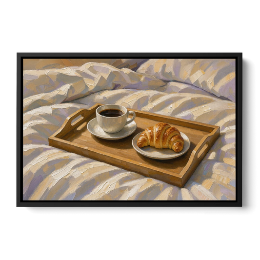 Coffee and Croissant Painting on a Breakfast Tray - Black Framed Canvas Wall Art - Front
