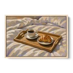 Coffee and Croissant Painting on a Breakfast Tray - Oak Framed Canvas Wall Art - Front