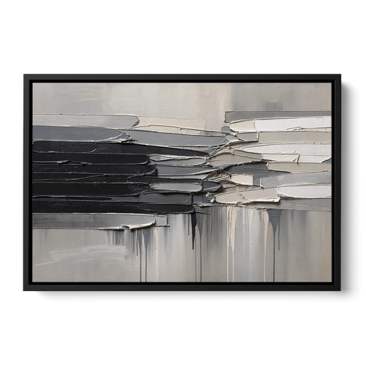 Contemporary Black and White Colliding Impasto Slabs - Black Framed Canvas Wall Art - Front