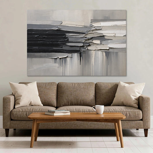 Contemporary Black and White Colliding Impasto Slabs - Canvas Wall Art - Sofa - 60x40