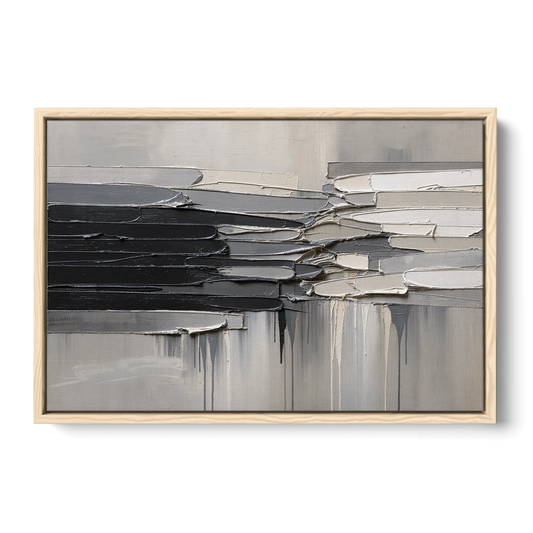 Contemporary Black and White Colliding Impasto Slabs - Oak Framed Canvas Wall Art - Front