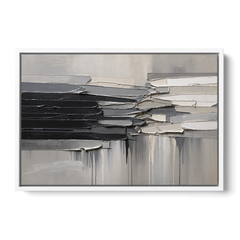 Contemporary Black and White Colliding Impasto Slabs - White Framed Canvas Wall Art - Front