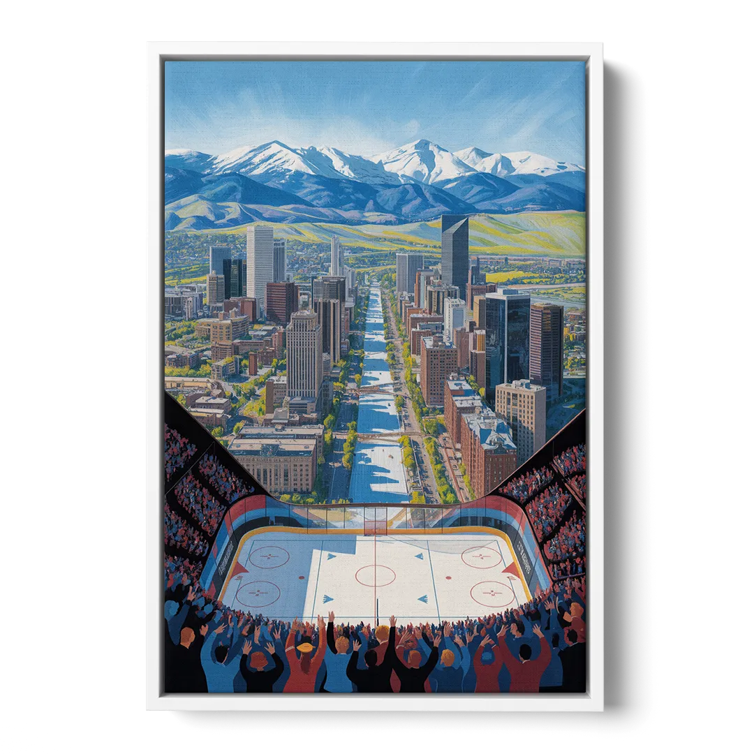 Colorado Avalanche Impressive Denver Cityscape Art Front - White Canvas Wall Art