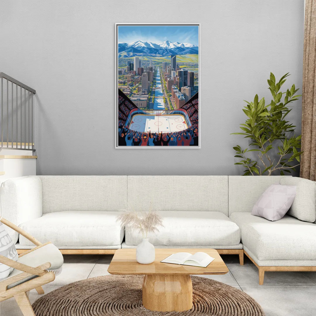 Colorado Avalanche Impressive Denver Cityscape Art - Living Room White Frame Canvas