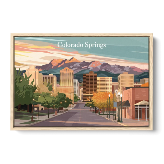 Colorado Springs Downtown Charm - Oak Framed Canvas Wall Art - Front