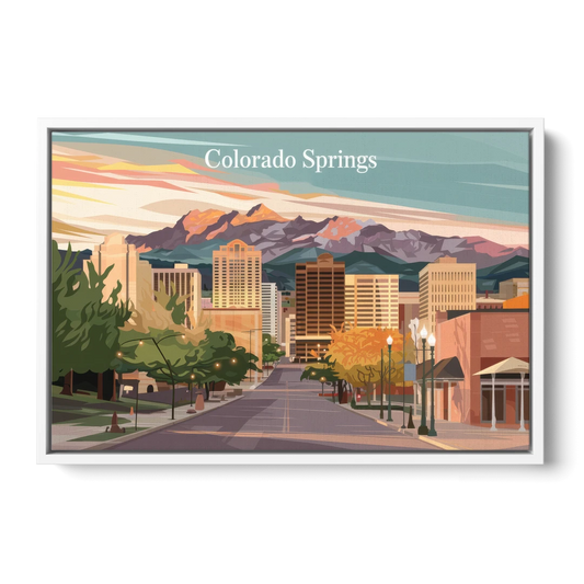 Colorado Springs Downtown Charm - White Framed Canvas Wall Art - Front