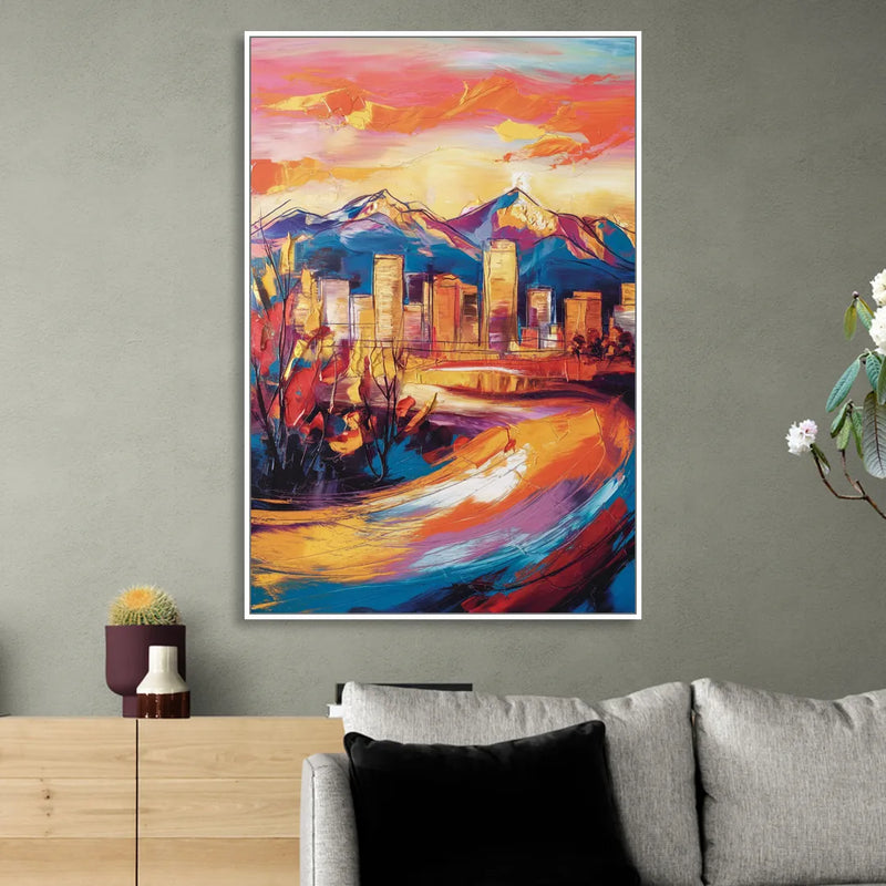 Colorado Springs Skyline Sunset Living Room - White Canvas Wall Art