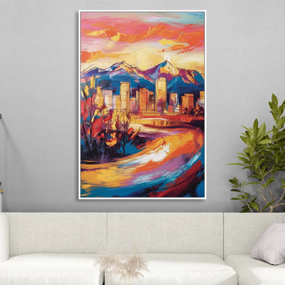 Colorado Springs Skyline Sunset Sitting Room - White Canvas Wall Art