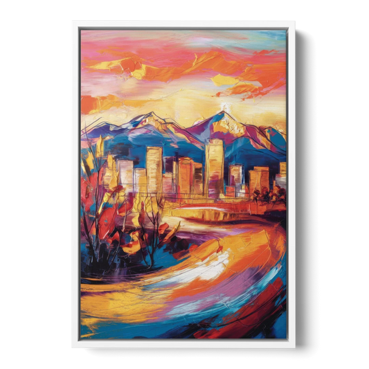 Colorado Springs Skyline Sunset - White Framed Canvas Wall Art - Front