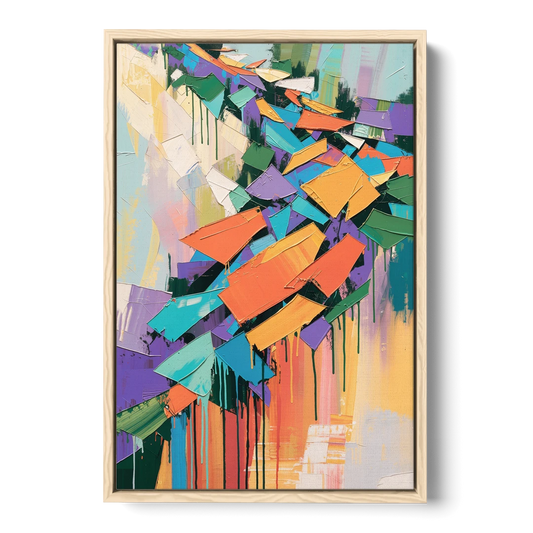 Colorful Abstract Tumbling Color Shards - Oak Framed Canvas Wall Art - Front