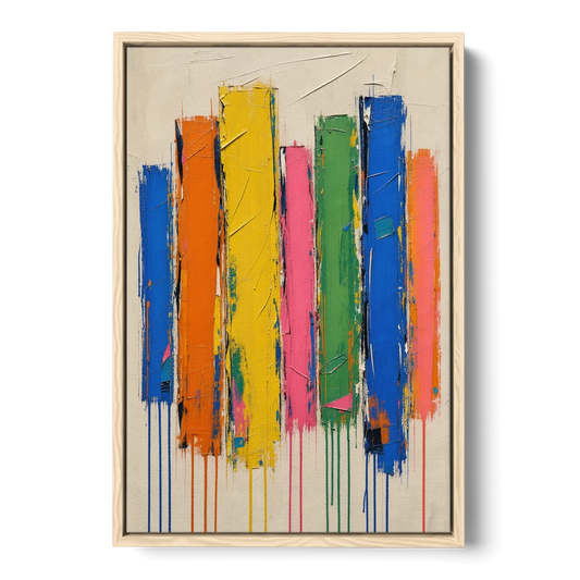 Colorful Art for the Living Room with Dripping Bars - Oak Framed Canvas Wall Art - Front