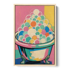 Colorful Bathroom Wall Art with Towering Bubbles - Oak Framed Canvas Wall Art - Front