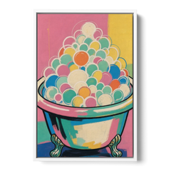 Colorful Bathroom Wall Art with Towering Bubbles - White Framed Canvas Wall Art - Front