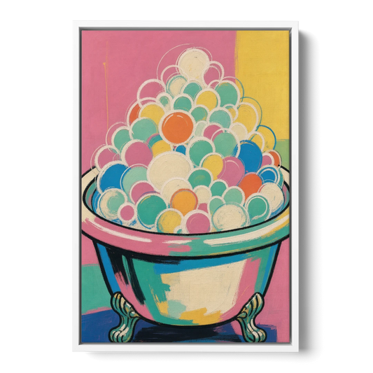 Colorful Bathroom Wall Art with Towering Bubbles - White Framed Canvas Wall Art - Front