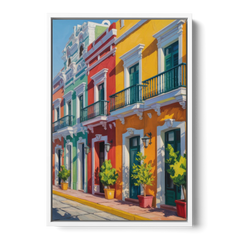 Colorful Centro Facades - White Framed Canvas Wall Art - Front