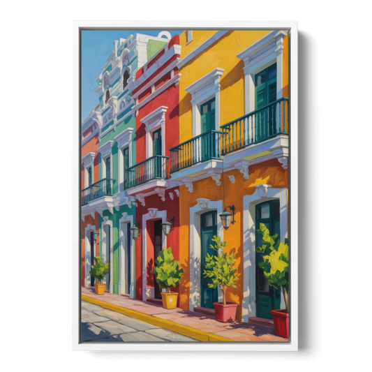 Colorful Centro Facades - White Framed Canvas Wall Art - Front