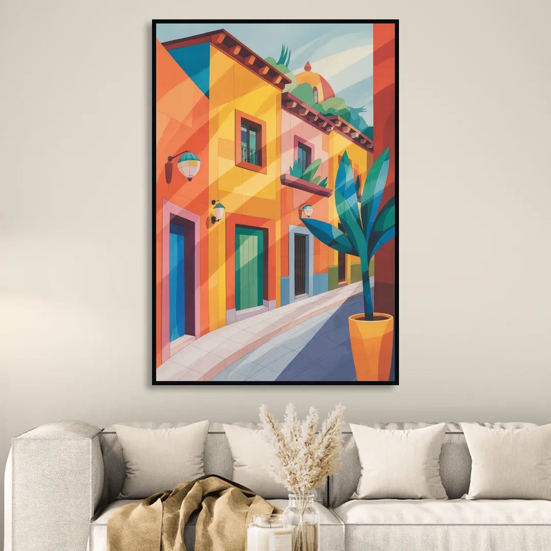 Colorful Centro Streets Sitting Room - Black Canvas Wall Art