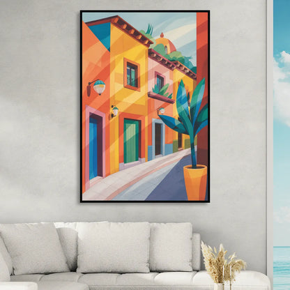 Colorful Centro Streets Living Room - Black Canvas Wall Art