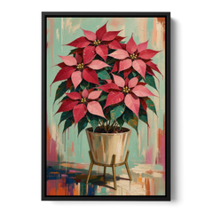 Colorful Christmas Wall Art with a Potted Poinsettia - Black Framed Canvas Wall Art - Front