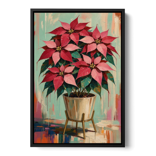 Colorful Christmas Wall Art with a Potted Poinsettia - Black Framed Canvas Wall Art - Front