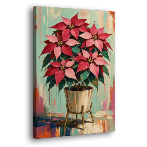 Colorful Christmas Wall Art with a Potted Poinsettia - Canvas Wall Art - Side
