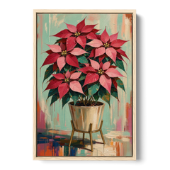 Colorful Christmas Wall Art with a Potted Poinsettia - Oak Framed Canvas Wall Art - Front