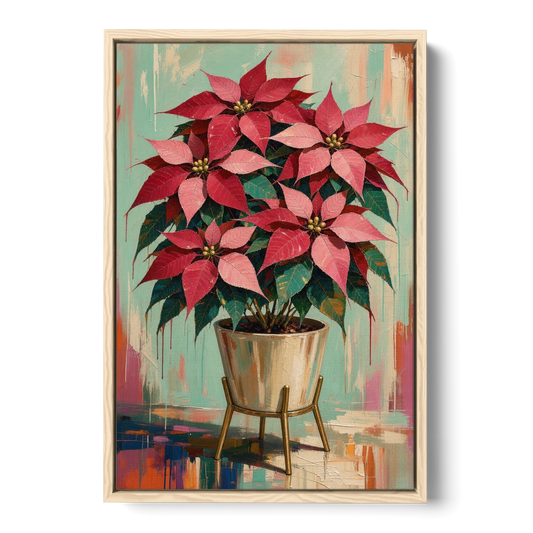 Colorful Christmas Wall Art with a Potted Poinsettia - Oak Framed Canvas Wall Art - Front