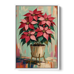 Colorful Christmas Wall Art with a Potted Poinsettia - White Framed Canvas Wall Art - Front