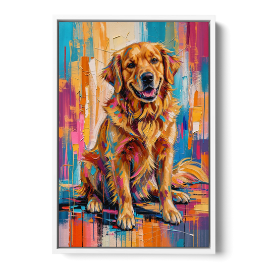 Colorful Golden Retriever Painting - White Framed Canvas Wall Art - Front