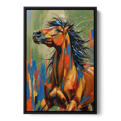 Colorful Horse Painting with Flung Blue Mane - Black Framed Canvas Wall Art - Front