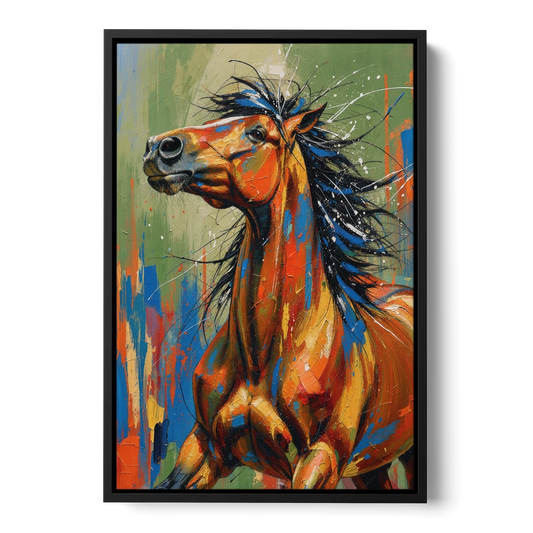Colorful Horse Painting with Flung Blue Mane - Black Framed Canvas Wall Art - Front