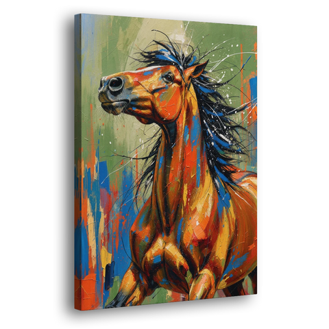 Colorful Horse Painting with Flung Blue Mane - Canvas Wall Art - Side