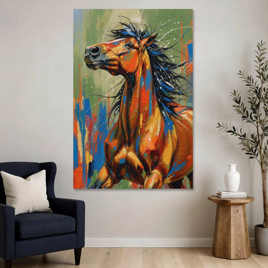 Colorful Horse Painting with Flung Blue Mane - Canvas Wall Art - Sofa - 40x60
