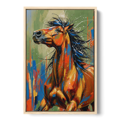 Colorful Horse Painting with Flung Blue Mane - Oak Framed Canvas Wall Art - Front