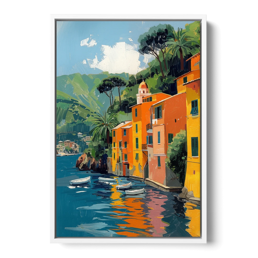 Colorful Houses Painting of Portofino - White Framed Canvas Wall Art - Front