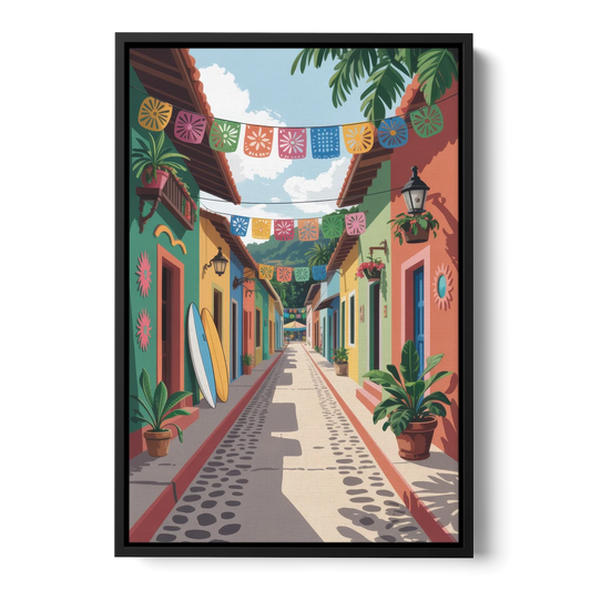 Colorful Sayulita Streets - Black Framed Canvas Wall Art - Front