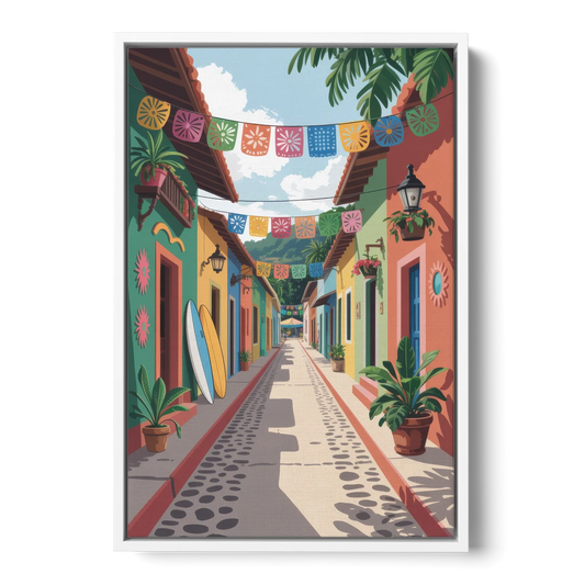 Colorful Sayulita Streets - White Framed Canvas Wall Art - Front