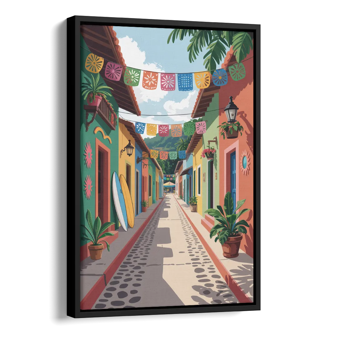 Colorful Sayulita Streets Side - Black Canvas Wall Art