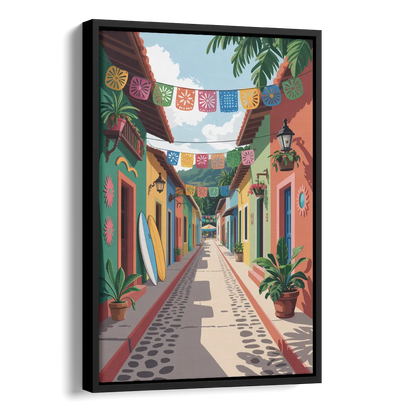 Colorful Sayulita Streets Side - Black Canvas Wall Art