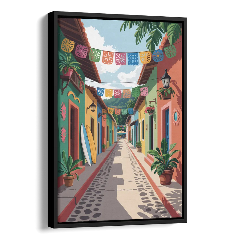 Colorful Sayulita Streets Side - Black Canvas Wall Art