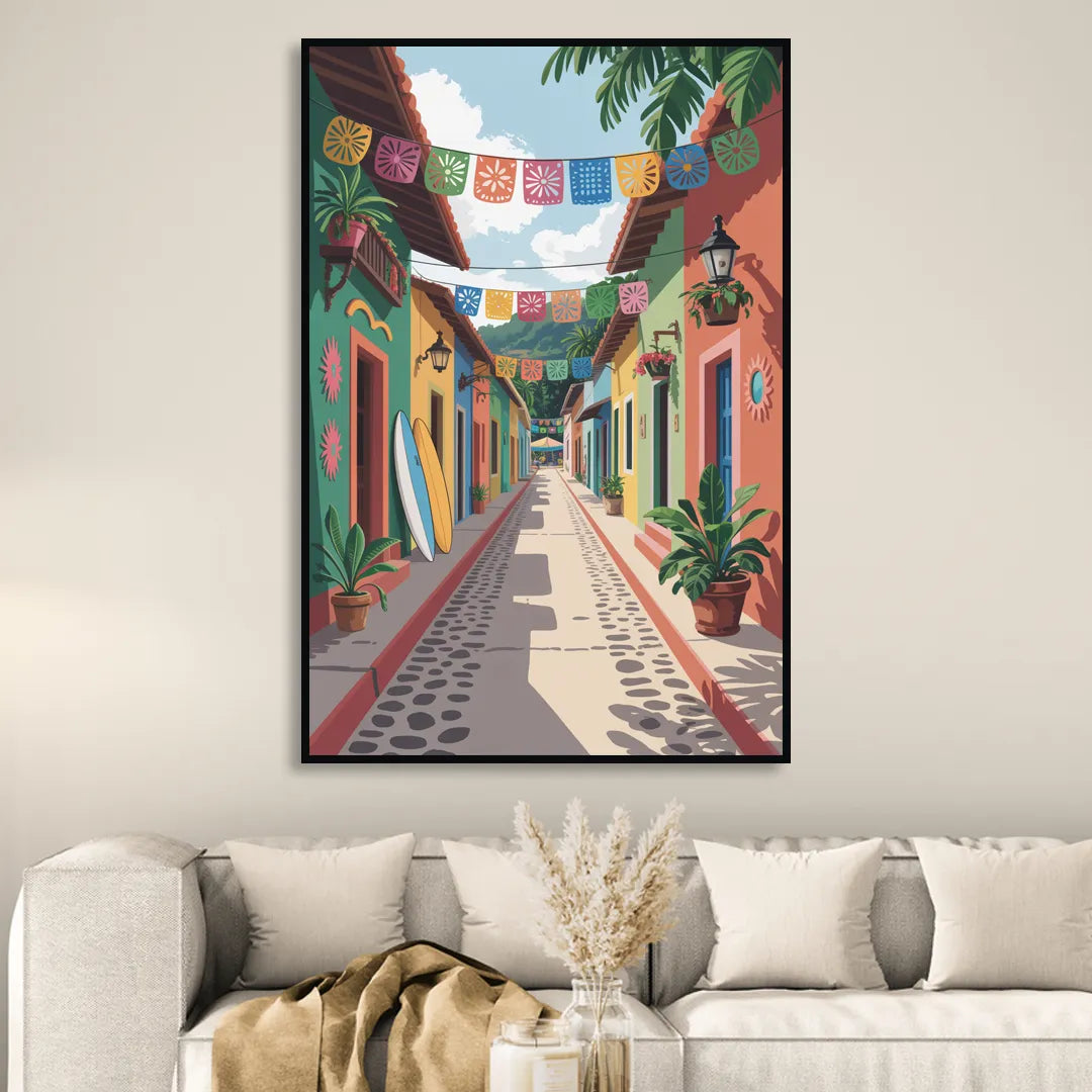 Colorful Sayulita Streets Living Room - Black Canvas Wall Art