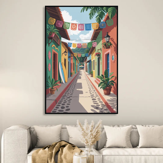 Colorful Sayulita Streets Living Room - Black Canvas Wall Art